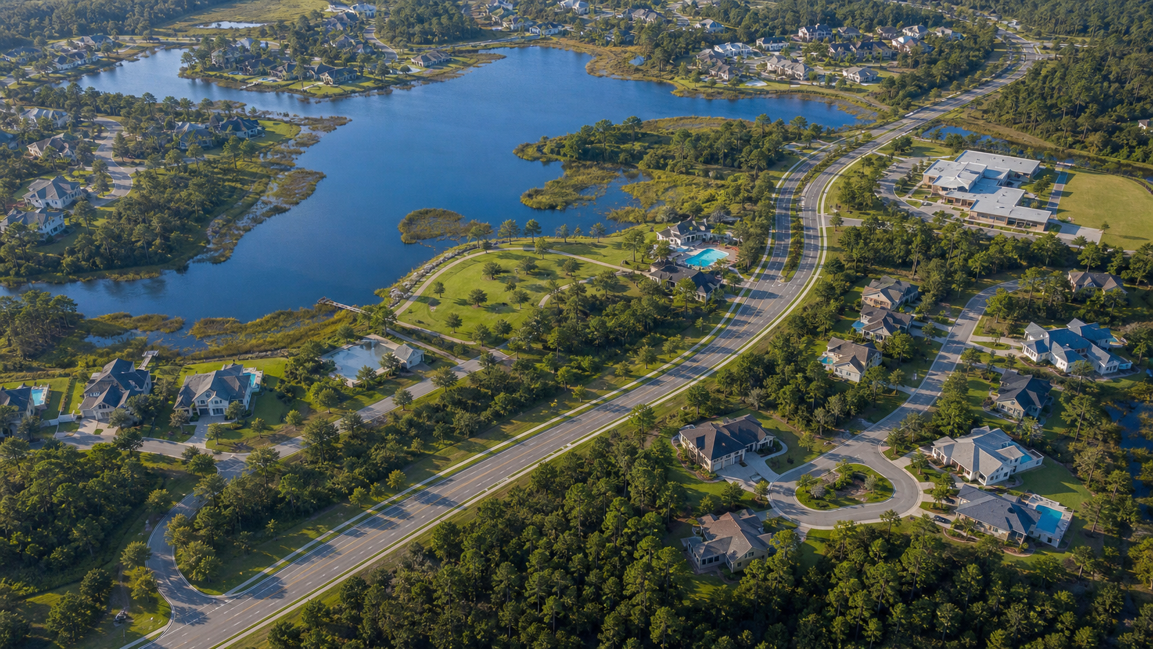 Residential operating area surrounding a lake
