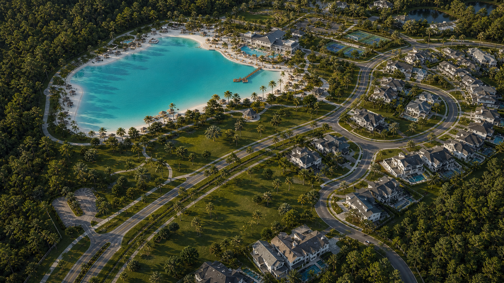 Aerial operating area with a lagoon, roads, homes, and mission interface overlays