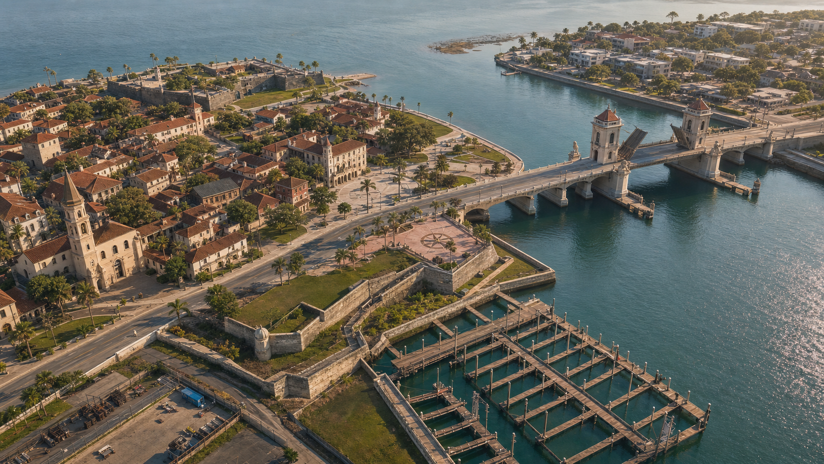 Coastal city operating area with a historic bridge and waterfront